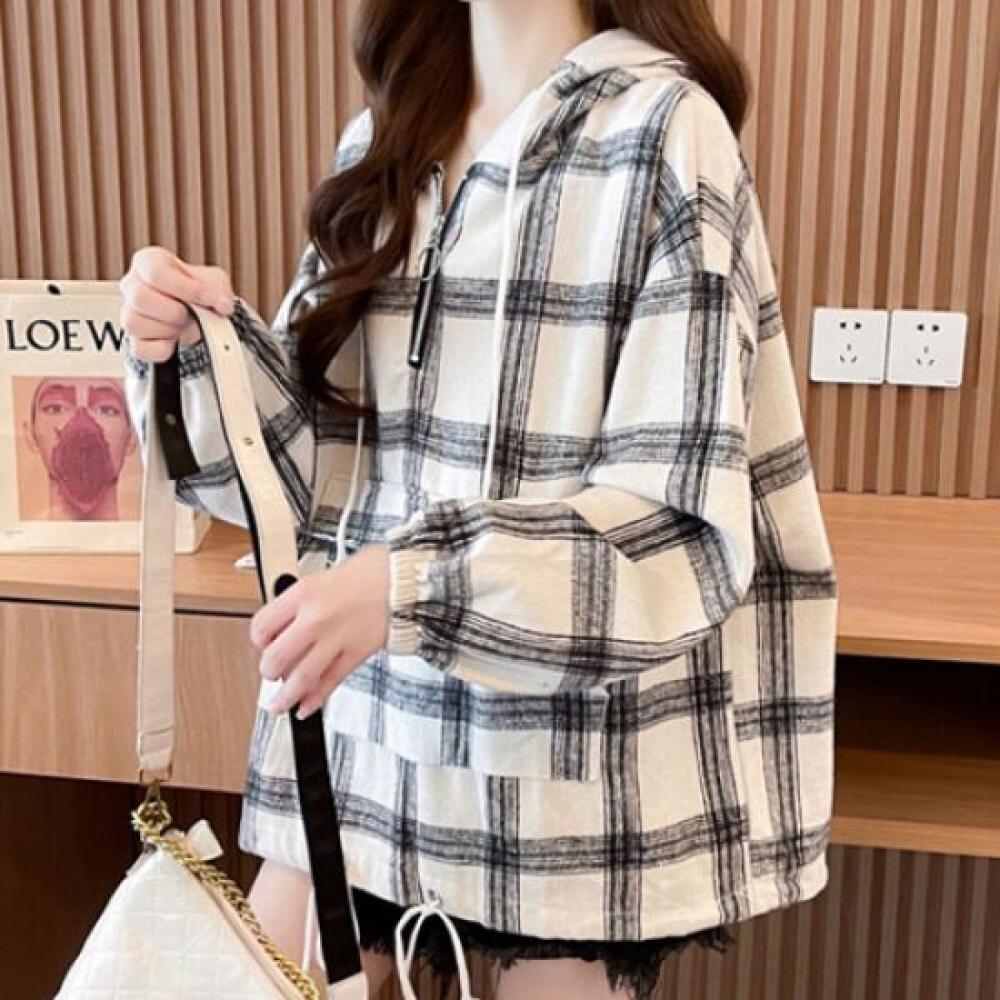Navava Loose Fit Check Pocket Long Sleeve Hoodie Nt1989