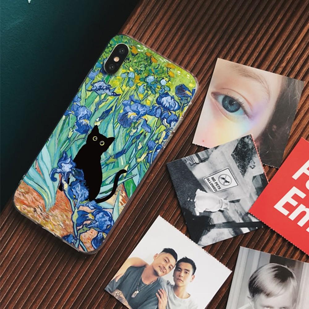 Cartoon Animal Black Cat Oil Painting Phone Case For IPhone 16 15 14 13 12 Mini 11 Pro XS Max X XR SE 6 7 8 Plus Silicone Cover