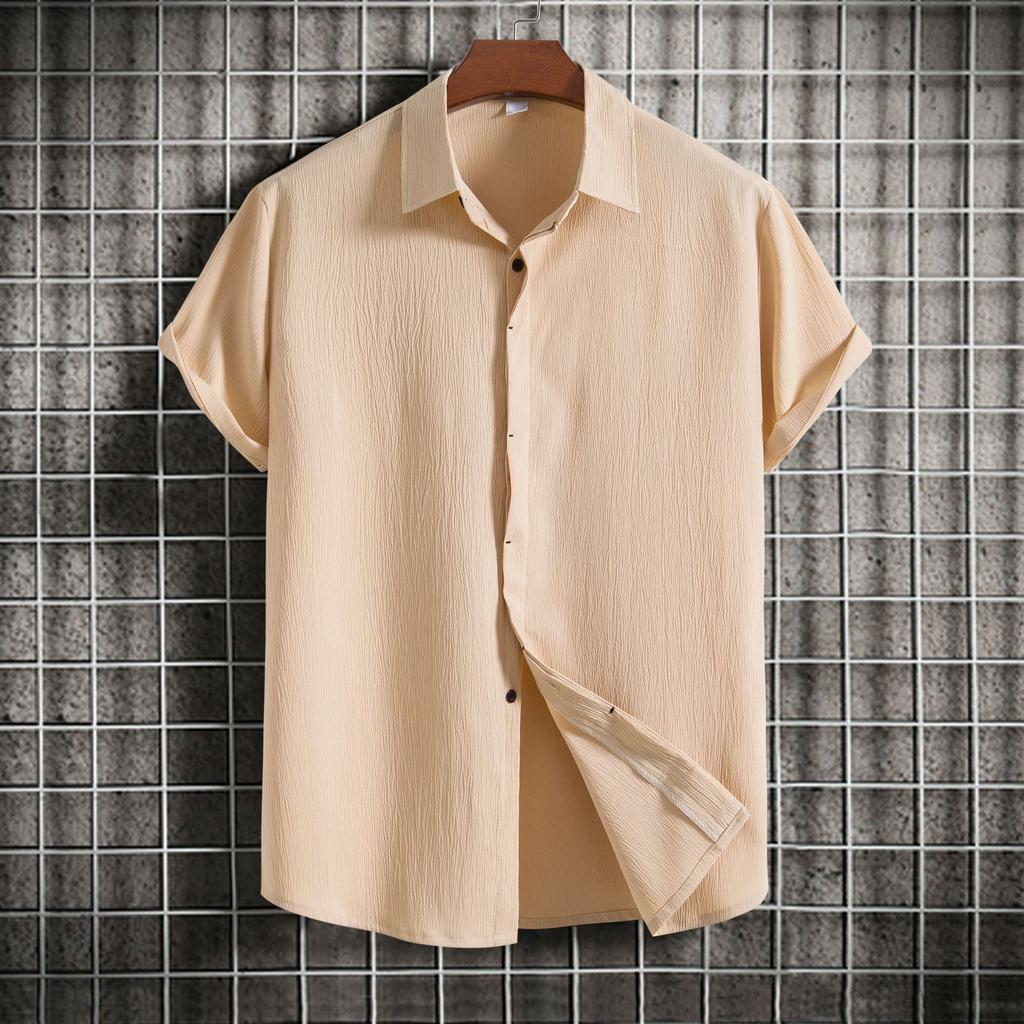 Summer Cotton Linen Shirt for Men's Lapel Loose Solid Color Hide Button Up Short Sleeve Shirts
