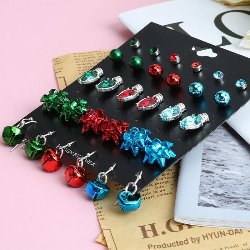 Christmas Stud Earrings Combination Set, Car Cup C Candle Metal Flower Bell Personalized Earrings Set