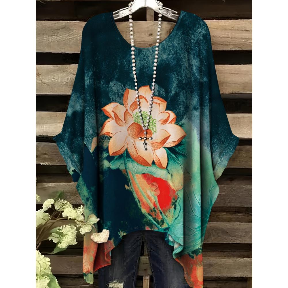 Haine de Vară Femei 2025 Albastru Marin și Alb cu Imprimeu Floral Elegant Versatil Design Decolteu Rotund Mânecă Scurtă Top Y2k pentru Femei