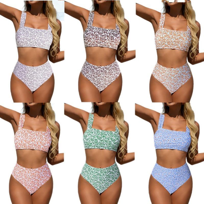New Split European and American Printed Bikini Swimsuit Women's Sexy Tube Top Retro Briefs Swimsuit