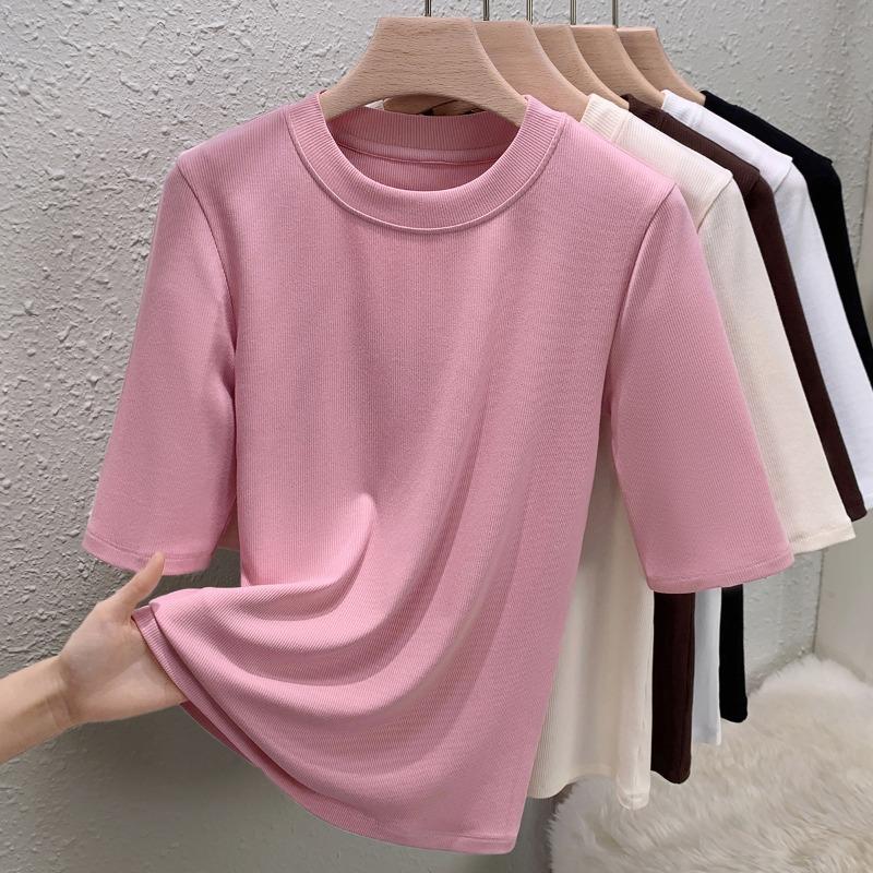 

Женская новая футболка с круглым вырезом, однотонная, со средним рукавом, хлопковая, облегающего кроя, топ с шелковым протеином XXXL розовый