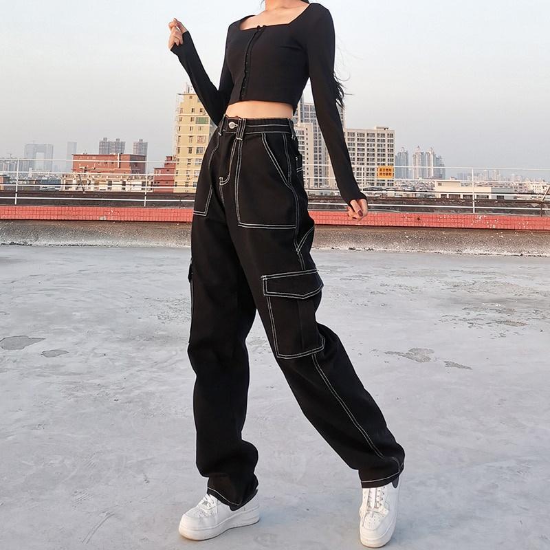 Pantaloni Cargo Streetwear Urbani, Pantaloni a Gamba Dritta Larghi a Vita Alta con Tasche Multiple, Jeans Neri Casual da Donna