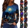 Womens Casual Long Sleeve Top Halloween Pumpkin Print Split Hem Crew Neck Shirt Lightweight Comfortable Fit