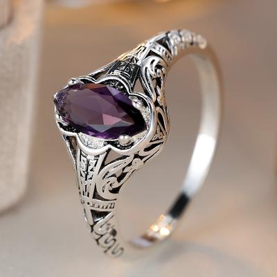 Vintage Silber Farbe Hohl Carving Muster Punk Ringe für Frauen Marquise Lila CZ Kristall Finger Ring Hochzeit Modeschmuck
