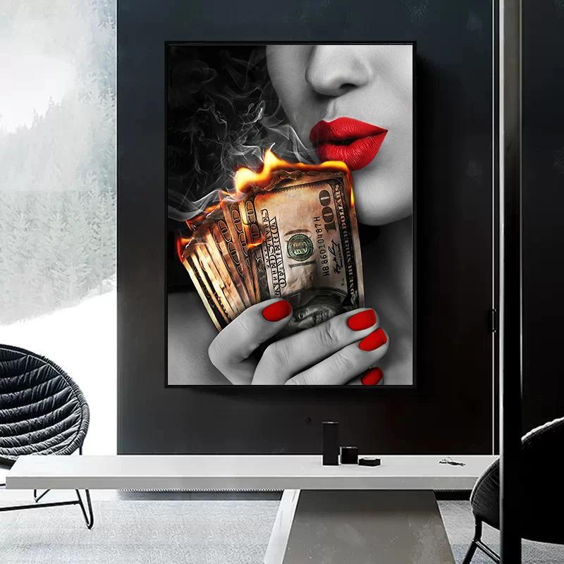 Sexy Woman Red Lips Burning Dollars Money Posters Canvas Painting Luxury Watch Fashion Wall Art Living Room Home Decor