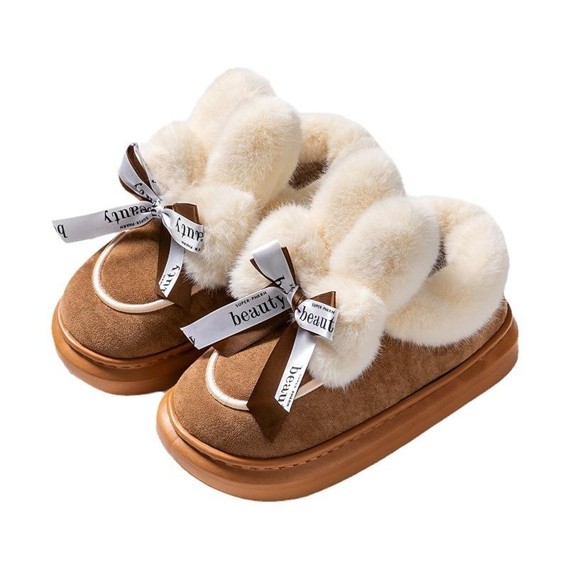 Snow Boots Women's High-end Rabbit Ears Bow Cotton Shoes Winter Velvet Outer Wear Couple Slippers Women's Platform Confinement Shoes