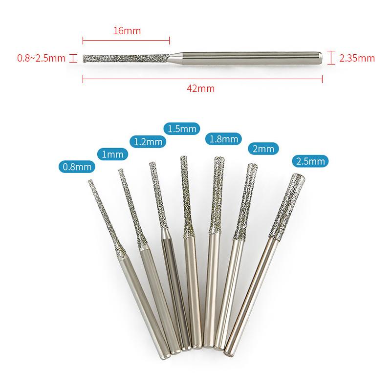 7/10PCS 0.8/1/1.2/1.5/1.8/2/2.5mm Diamond Coated Drill Bits with 2.35mm Shank Glass Jade Amber Jewelry Diamond Drill Bit