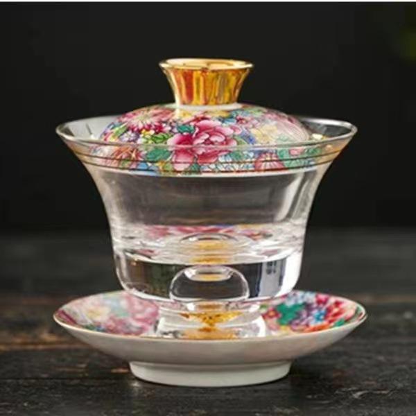 Enamel Colored Glass Gaiwan Puer Tea Bowls Crystal Tea Bowl Tureen Lid Bowl Lotus Hand Drawing Gaiwan for Travel Gai Wan Cup Set
