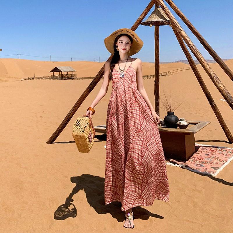Bohemian Red Plaid Sleeveless Maxi Dress Women Beach Vacation Loose A-Line Strap