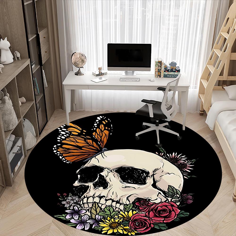 1pc Skull Butterfly Flowers Carpet, Round Non Slip Durable Large Size Office Carpet, Suitable for Office 80cm