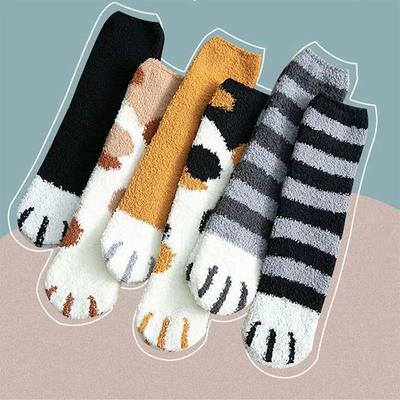Damen Dicke Korallenfleece Hausboden Schlaf Socken Frauen Winter Warme Flauschige Socken Niedliche Tierkralle Katzenpfote Fußabdruck Fuzzy Socken