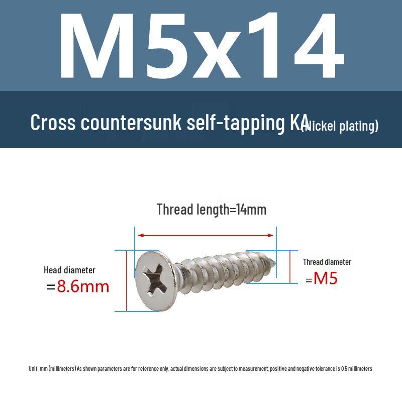 YiguYigu Nickel-Plated Phillips Flat Head Self-Tapping Screws M1-M5, Carbon Steel