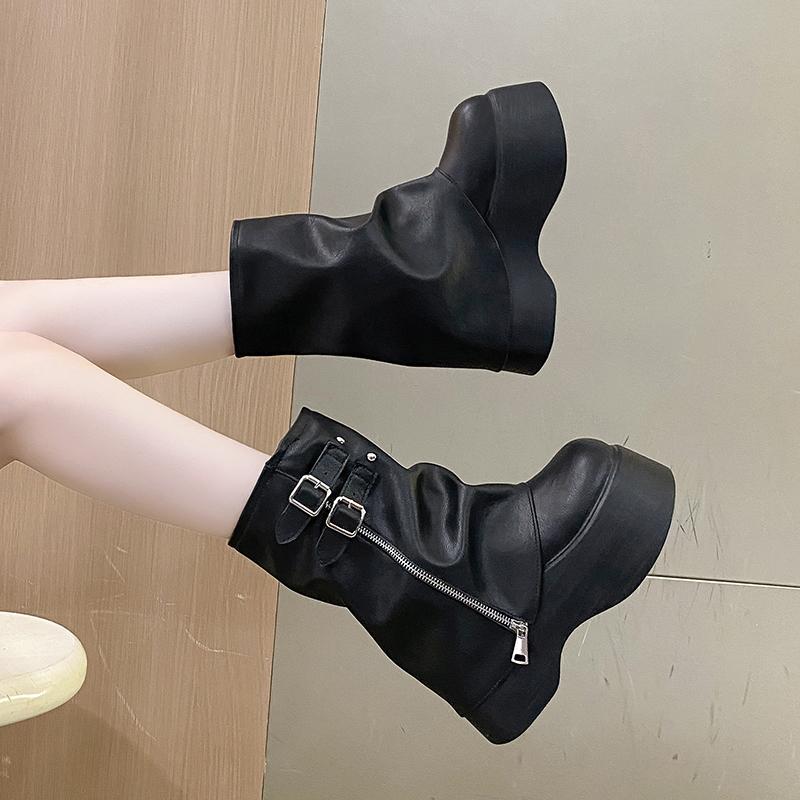Fashion 2025 Women's Leather Ankle Boots Autumn Winter 9cm Heels Chunky Sneakers Short Boots Woman Zip Motorcycle High Platform Botas