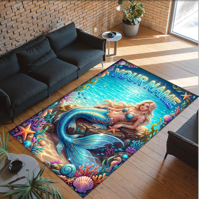Mermaid Theme Crystal Velvet Floor Rug Personalized Custom Name Text Warm Carpet Home Decoration