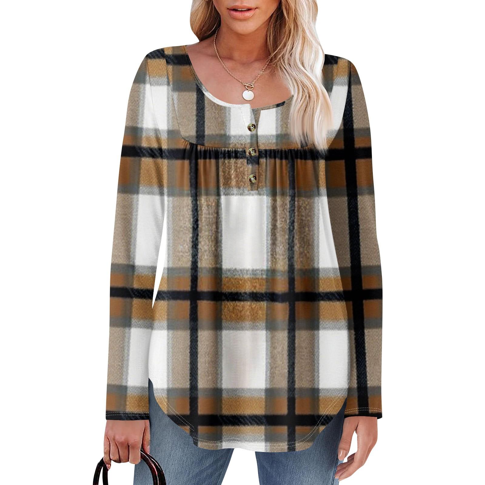 

Женская туника с длинным рукавом, свободные топы, повседневные топы оверсайз, плиссированная туника, застегивающаяся на пуговицы, повседневные женские топы с принтом XXL кофейный