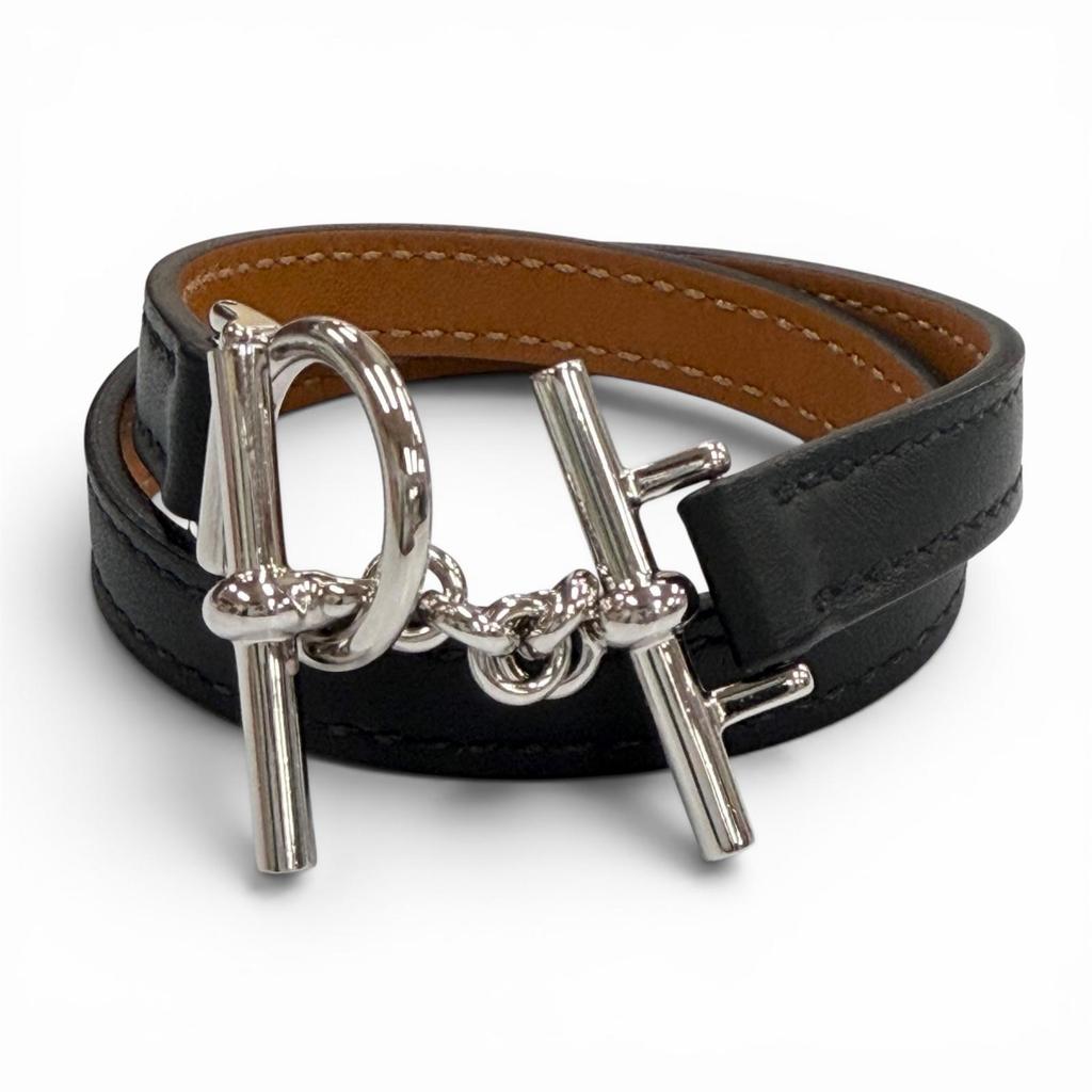Excellent HERMES bracelet Croisier Double Tour black leather mens Used