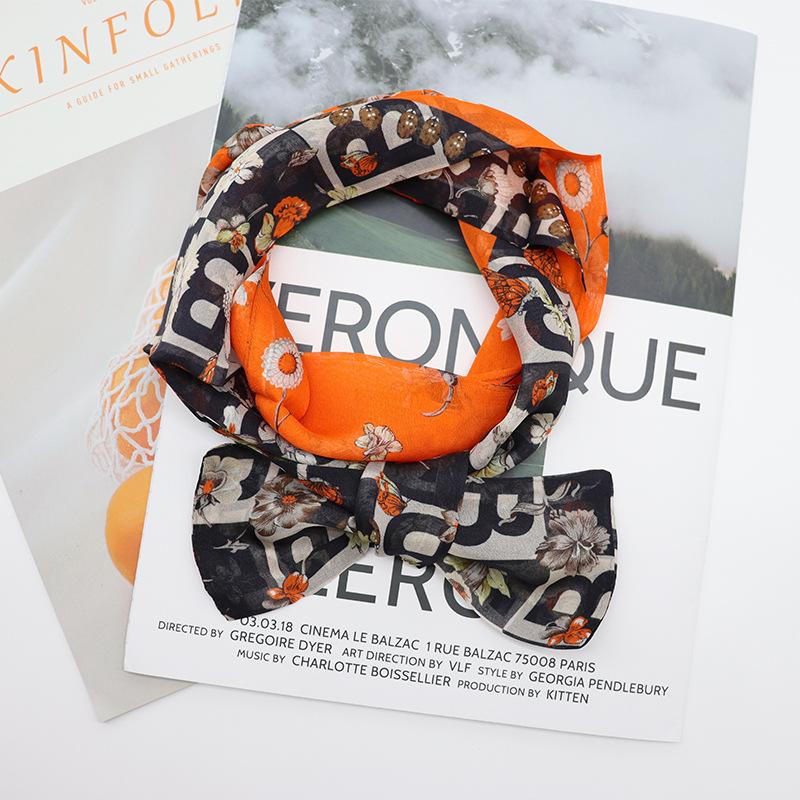 South Korea's new color-matching silk silk scarf binding bag, summer printing thin and narrow long silk scarf streamer headband