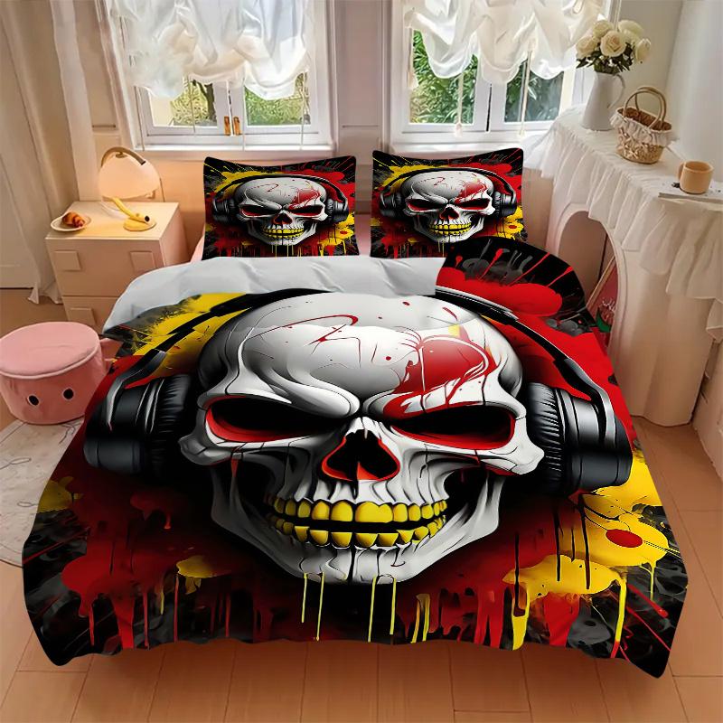 3pcs Headphones of Death Pattern Bedding Three-Piece Set (1 Cover + 2 Pillowcases, No Fillings), This Printed Bedding Set Is