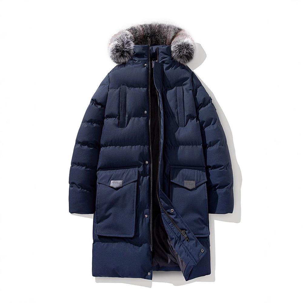 Large Size Men's Jacket Winter Hooded Cotton Jacket Mid-length Cotton Jacket Thickened Warm Large Wool Collar Cotton Jacket
