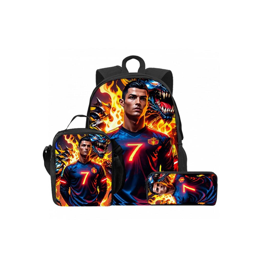 Football Print 3pcs Set 2D Flat Cartoon Design Waterproof School Backpack Lunch Pen Bags for Boys/Girls Best Gifts