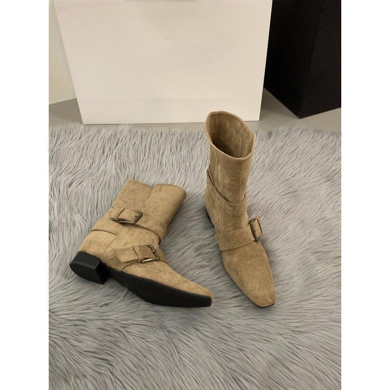 Coarse Heel Suede Brown Maillard Boots Women's Boots Season Skinny Matching Skirt Medium Boots Martin Boots