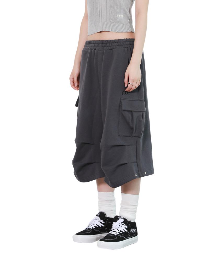 PEACE MAKER Parachute Curved Snap Cargo Bermuda Sweat Shorts (Charcoal)
