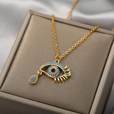 Zirkonblaues Nazar-Amulett Halskette für Damen Goldfarbene Edelstahlkette Glücksbringende Türkische Augen Anhänger Ketten Schmuck Geschenk Halsband