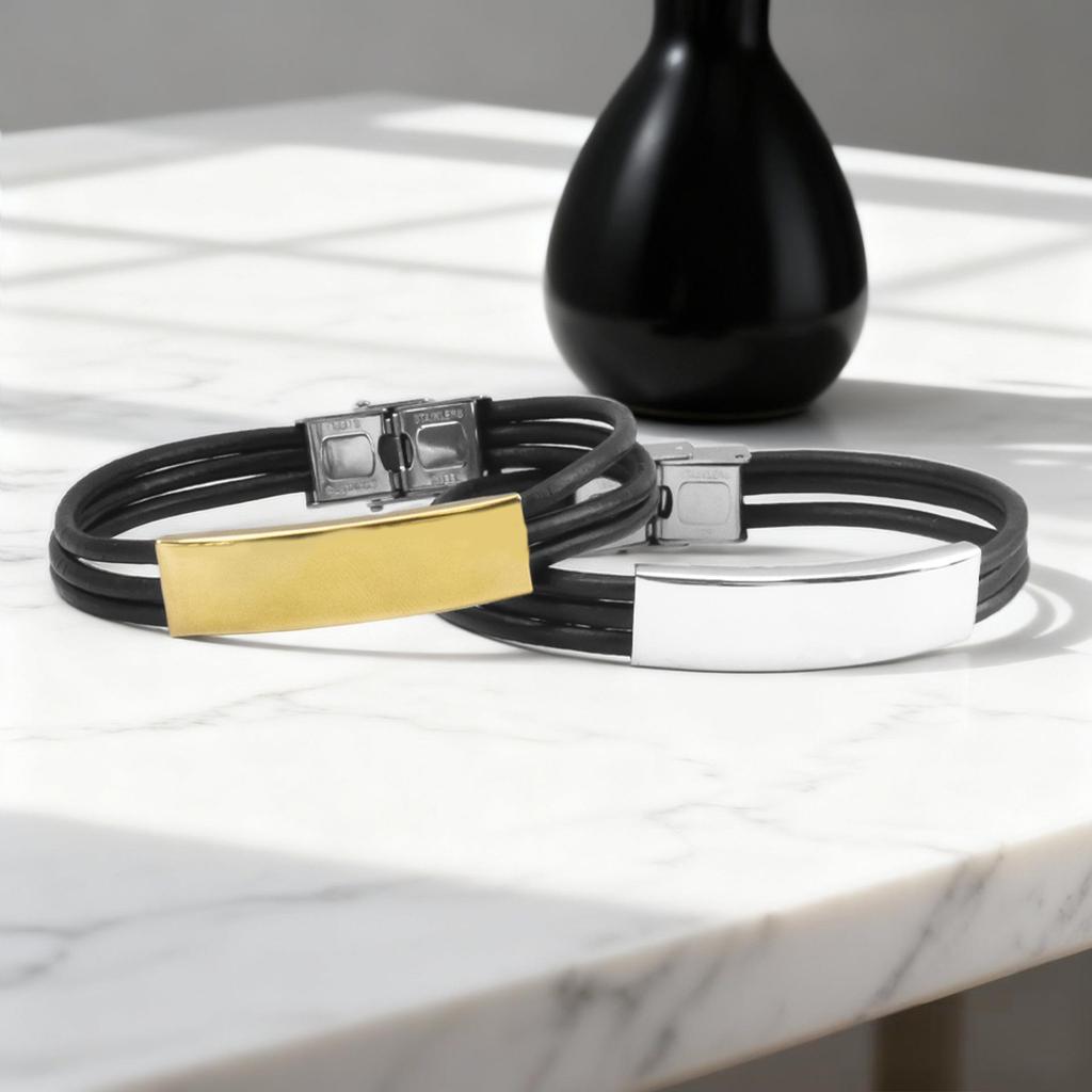 DIY Engraved Retro Leather and Stainless Steel Men's Bracelet - Versatile Couple Design