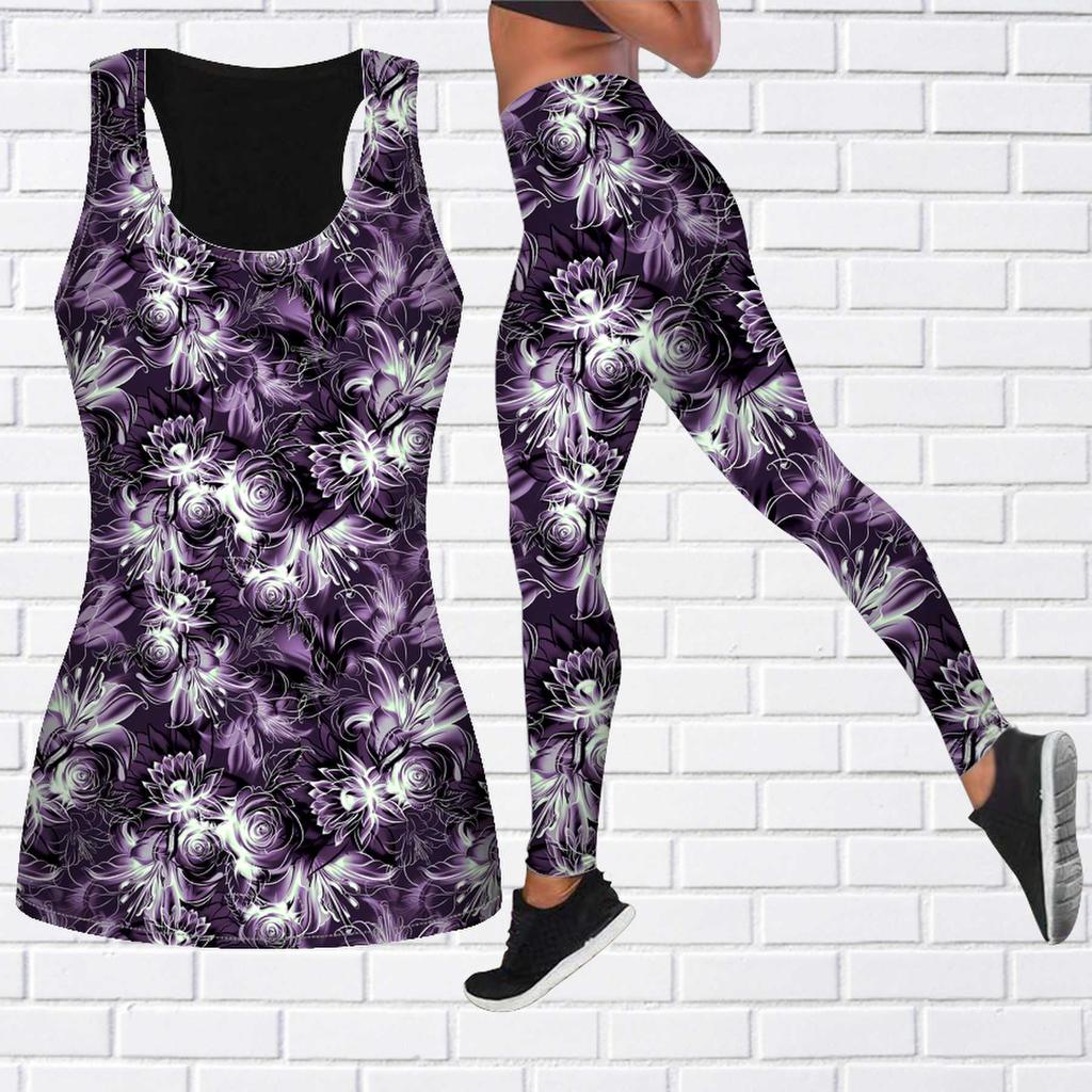 Flower Sea Rose Print Yoga Outfit for Women Fashion Workout Leggings Fitness Sports Casual Yoga Pants