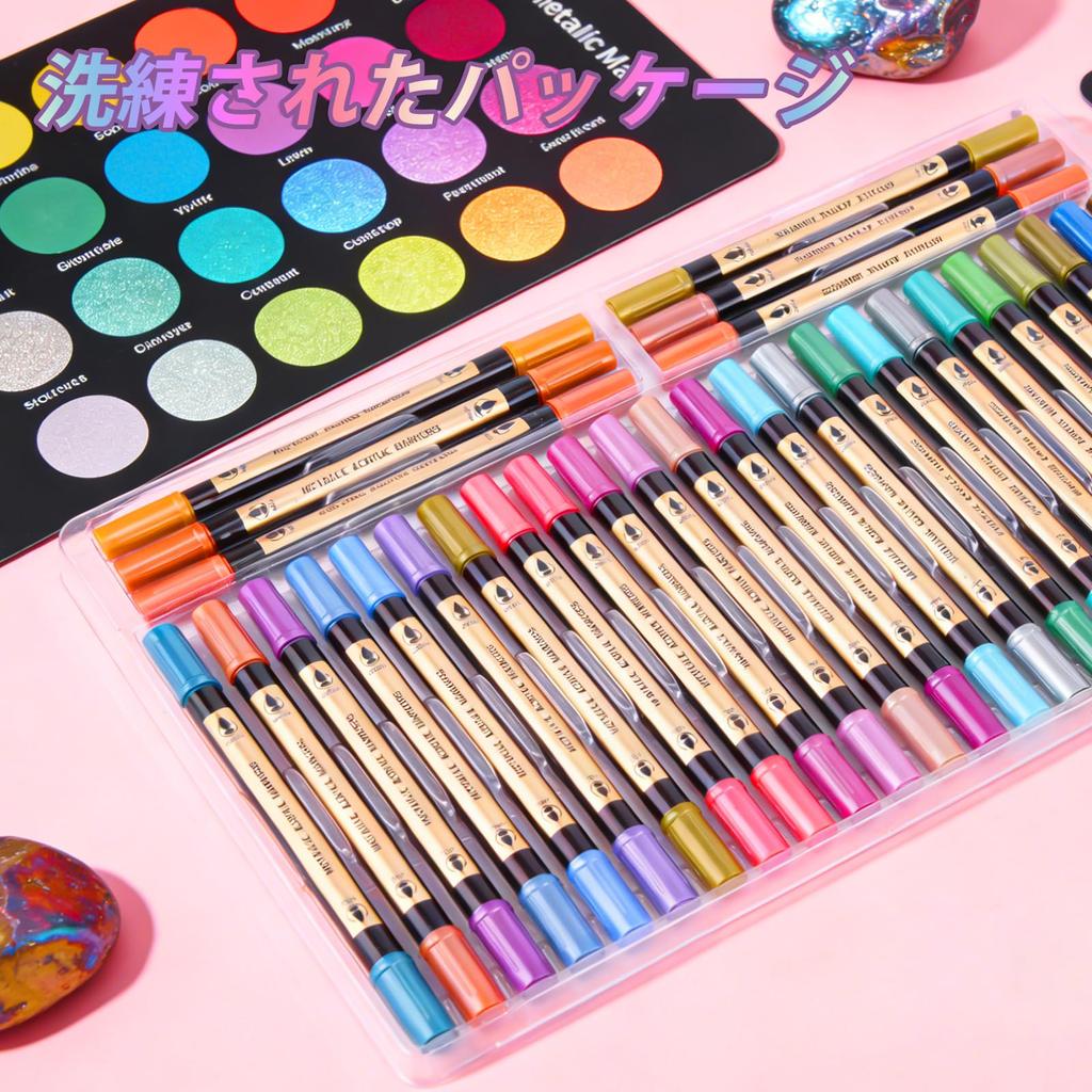DUULEMANG Acrylic 30 Metallic Dot and Fine Metallic Markers for Ink Notebooks Markers, Colors, Colors, Tip, Waterproof, Quick-Drying, Double-Ended,