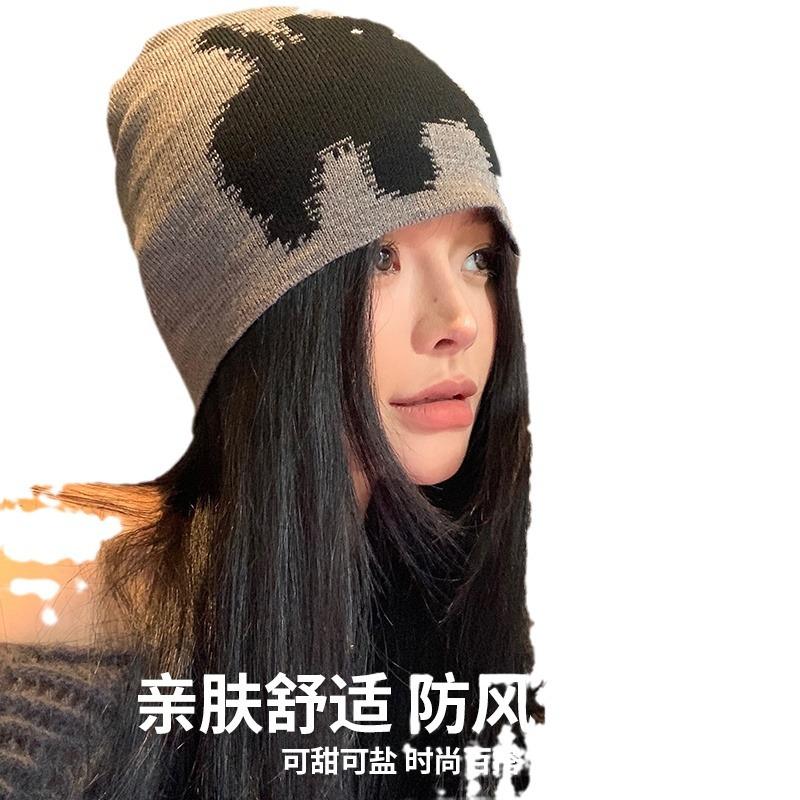 Autumn and winter new cartoon cat knitted hat female personality versatile cold hat warm wool hat elastic bald hat