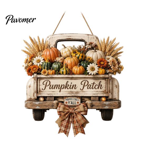 Wooden Autumn Welcome Sign Harvest Pumpkin Truck Hanging for Front Door, Fall Door with Rustic Farmhouse Thanksgiving Decor Hemp Rope, Distressed
