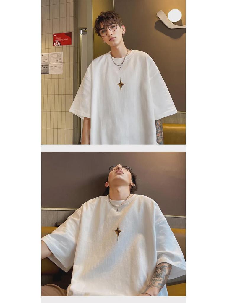 Tricou de bărbați alb cu mânecă scurtă, la modă, casual, cu croială largă, bumbac pur, stil de vară high street.