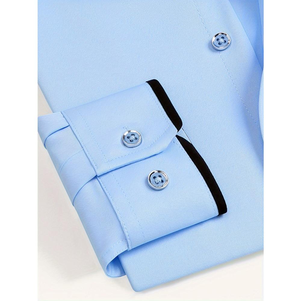 Men's Color-Block Collar Long Sleeve Dress Shirt with Crystal Buttons, Lapel Collar, Fashionable Business Casual Cardigan, Wrinkle-Free Stretch Shirt