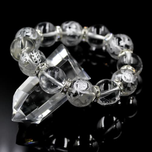Ishiki Natural Quartz Crystal 16mm Silver Carved Four Divine Beasts Quartz Crystal 16mm Prayer Bead Bracelet for Money, Career, and Wealth (b329)