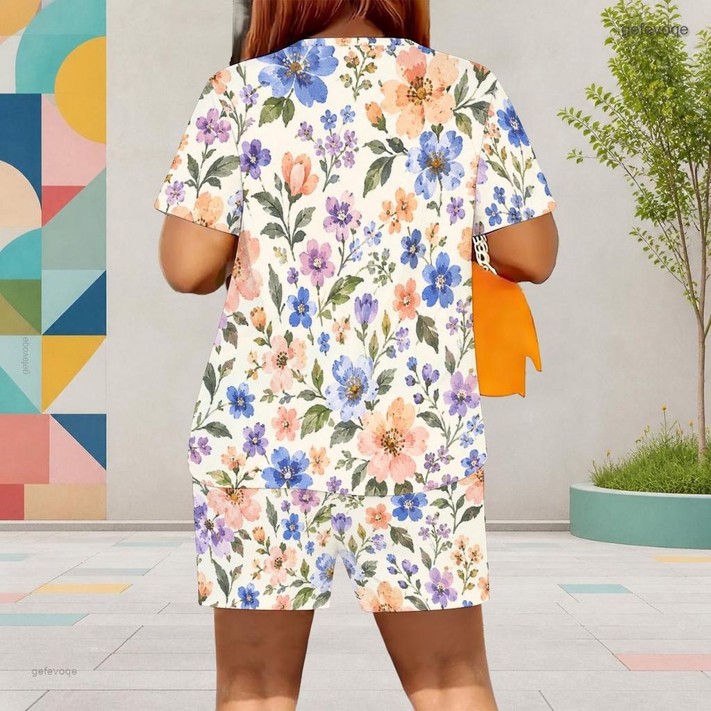 Women Plus Size White Floral Printed Round Neck Short Sleeve Top And Pocket Shorts Two Piece Set