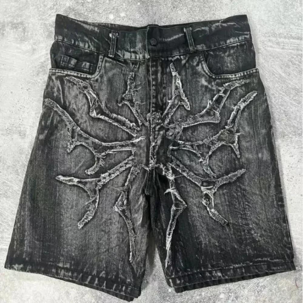 American Retro New Y2K Antique Patchwork Embroidered Irregular Denim Shorts Loose Harajuku Casual Shorts S