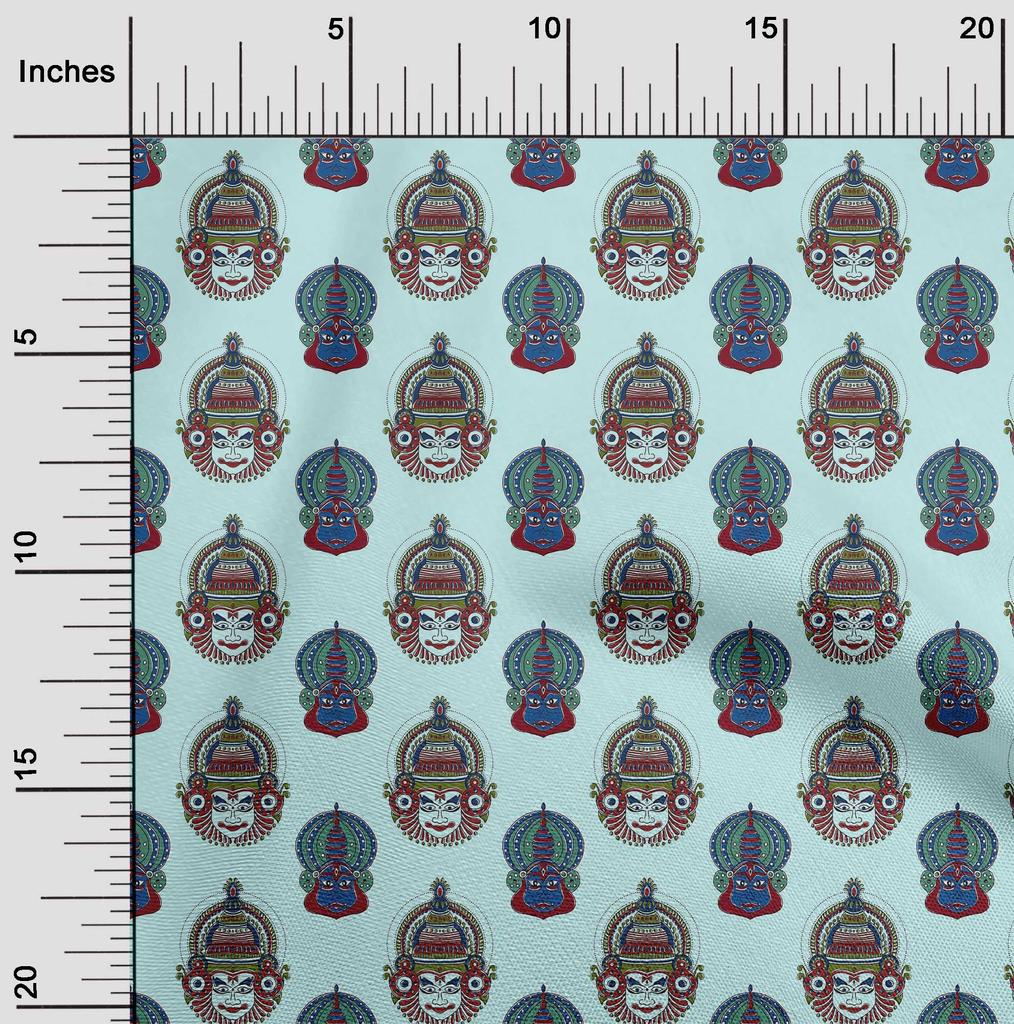 oneOone Georgette Viscose Baby Blue Fabric Kathakali Mask Kalamkari Sewing Material Print Fabric By The Yard 42 Inch