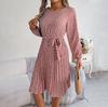 Spring Summer Women Long Sleeve O-Neck Floral Pleated High Waist A Line Long Dress