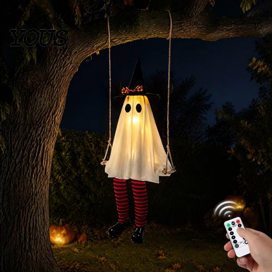 Einfach aufzubauen Halloween Geist Hängende Schaukel Dekoration, Leuchtend Große Schwingende mit Beleuchteter Veranda Dekor Hexenhut Und Gestreifte Beine für Hof Terrasse Garten
