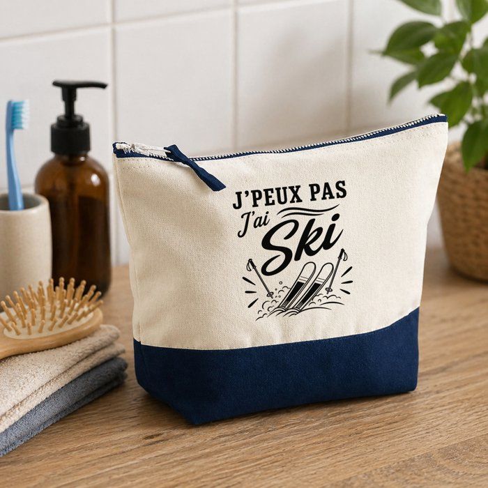 Pochette Grand Format J’peux pas j’ai Ski J'peux pas minimaliste | Coton Bicolore 5 L 33 × 23 cm Zip Métal | Trousse de Toilette