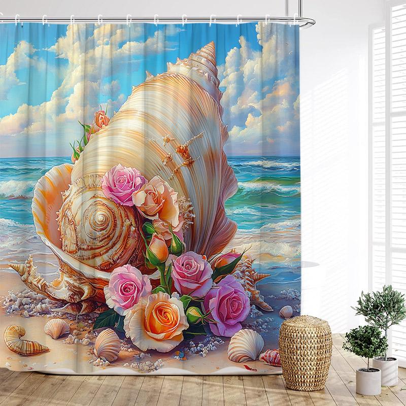 Beach Floral Conch Shower Curtains Watercolour Roses Flowers Starfish Seashells Ocean Waves Scenery Cloth Bathroom Curtain Decor