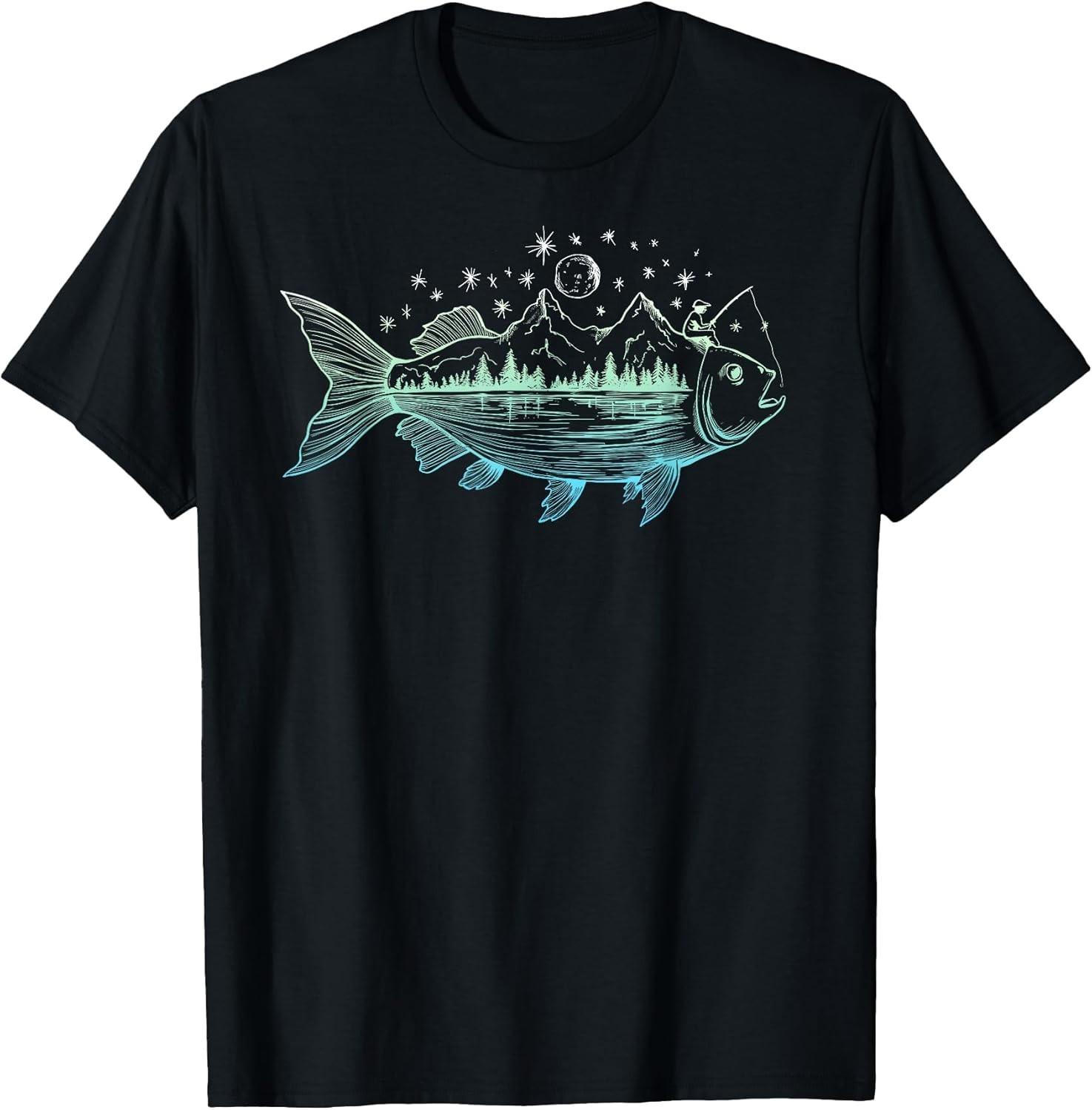 NEW LIMITED! Cool Fish Shaped from Mountains Nature Scene Fish Tee - MADE IN USA S