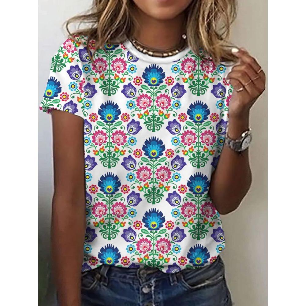 3D Printed Pattern T-shirt, Summer and Spring Short Sleeved Round Neck Casual Top, Women's Clothing