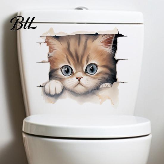 Self Adhesive Sticker Broken Wall Cat Toilet Sticker, Peel And Stick Decor PVC Bathroom Decal Decal, Removable Waterproof Lid for Stickers
