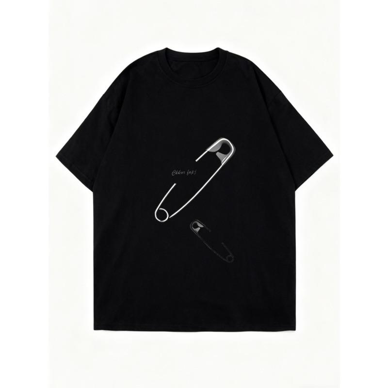 Oversized T Shirt Black Safety Pin Print With Text Casual Streetwear For Women