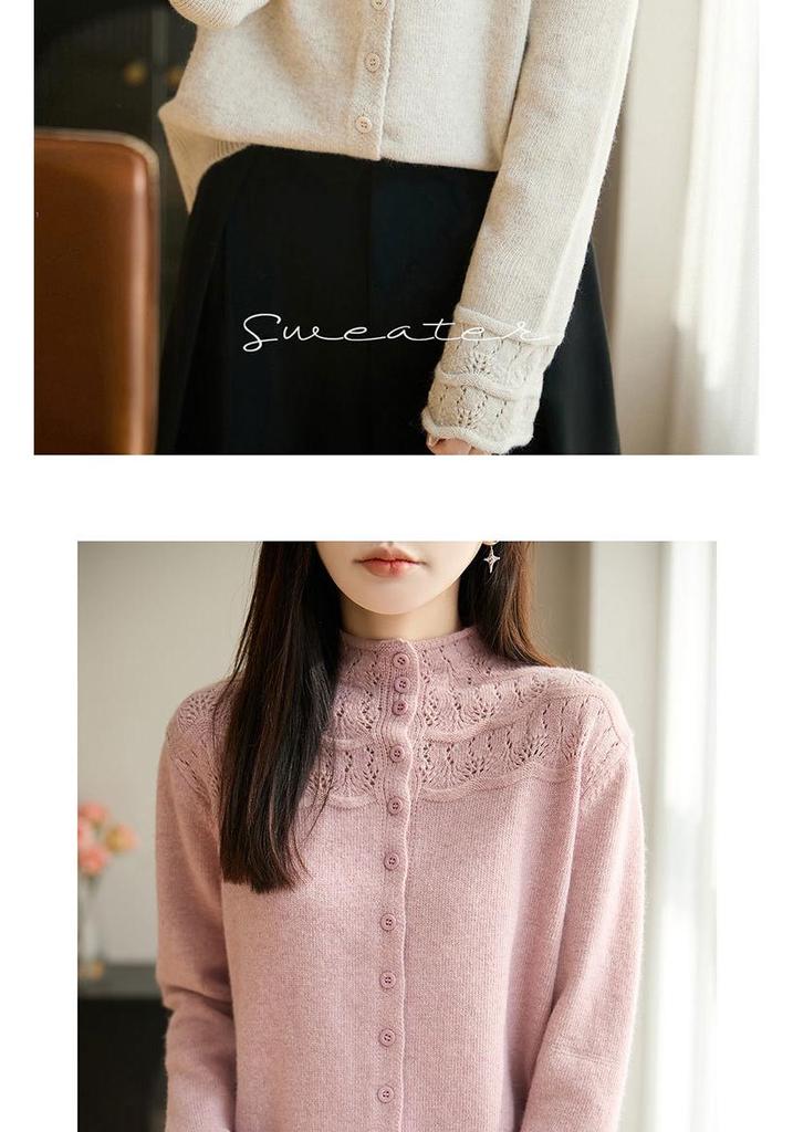 Pink Hollow Out Half-High Neck Cardigan Sweater - Women's Loose Fit Autumn/Winter Fashionable Outerwear