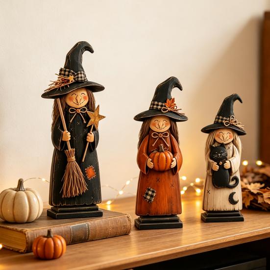 Spooky Halloween Party Table Centerpieces Wooden Witch Ornament, Retro Figurine with Broom/Pumpkin/Black Hand Painted Black Cat Cat, Creative Tabletop